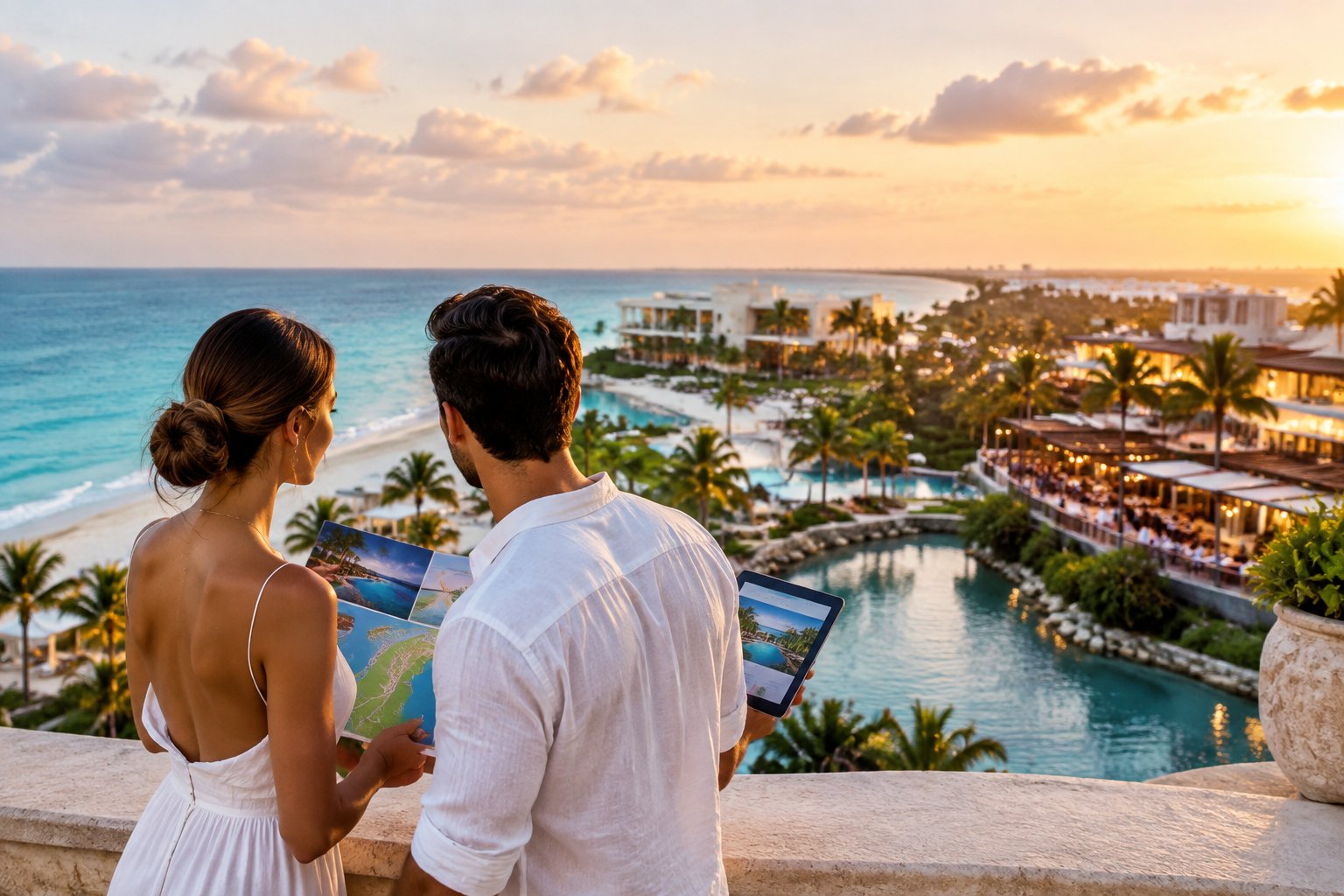 A newlywed couple compares tranquil and lively areas of a luxury Cancun beachfront resort.