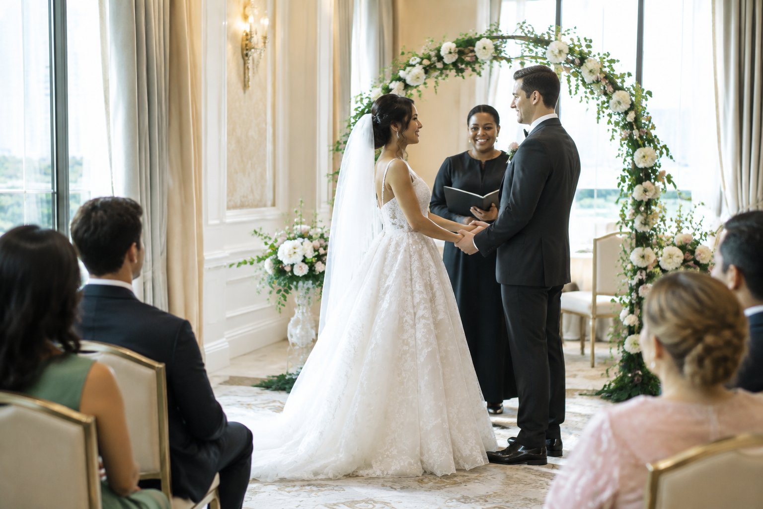A couple in wedding attire stands beneath a floral arch during a hotel wedding ceremony with guests nearby.