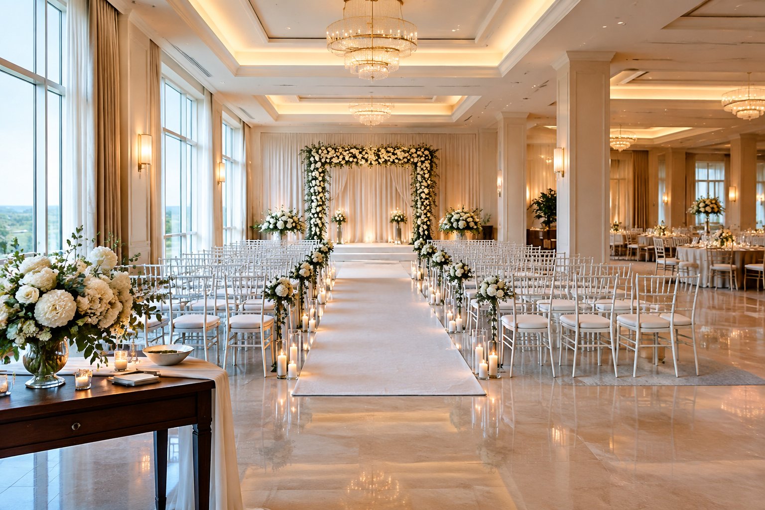 An elegant hotel ballroom arranged for a wedding ceremony with decorated chairs, floral arrangements, and a welcoming reception area.