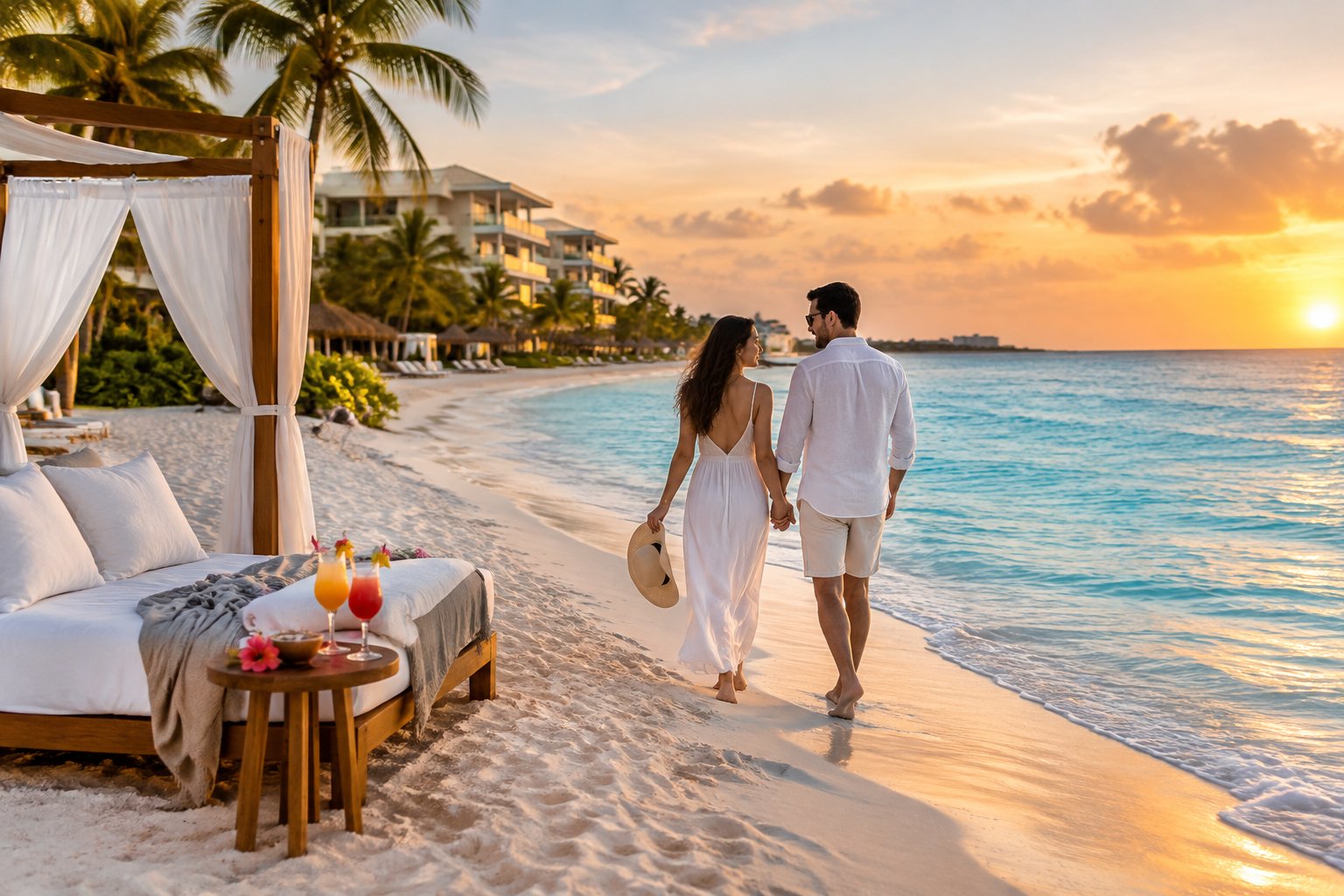 A couple walks along a white-sand beach beside a luxury resort in Cancun at sunset.