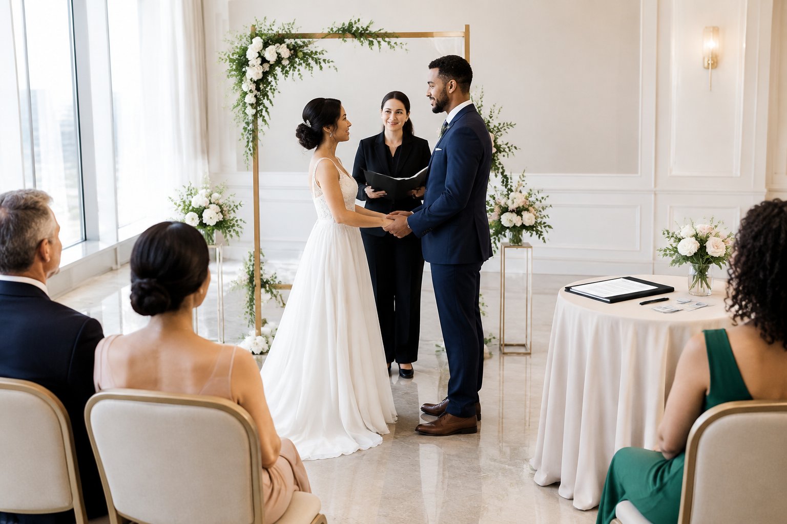 A couple stands with an officiant during a wedding ceremony in a hotel event room.