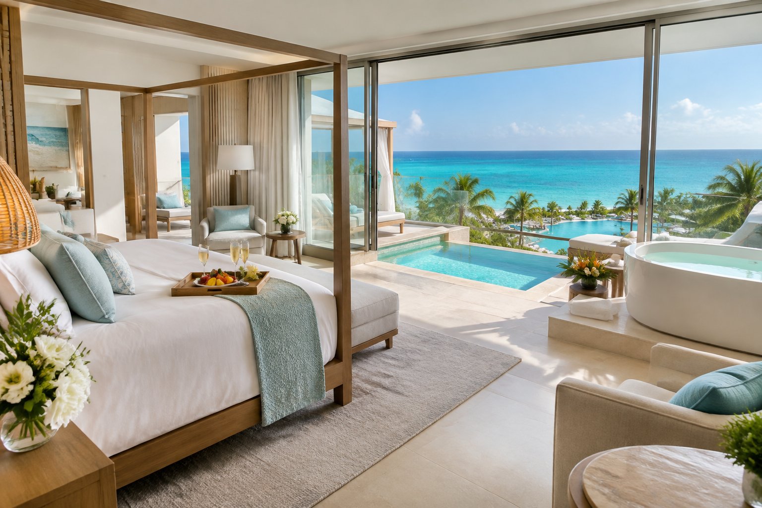 Luxurious honeymoon suite overlooking the turquoise Caribbean Sea, with a private terrace, plunge pool, and breakfast tray.