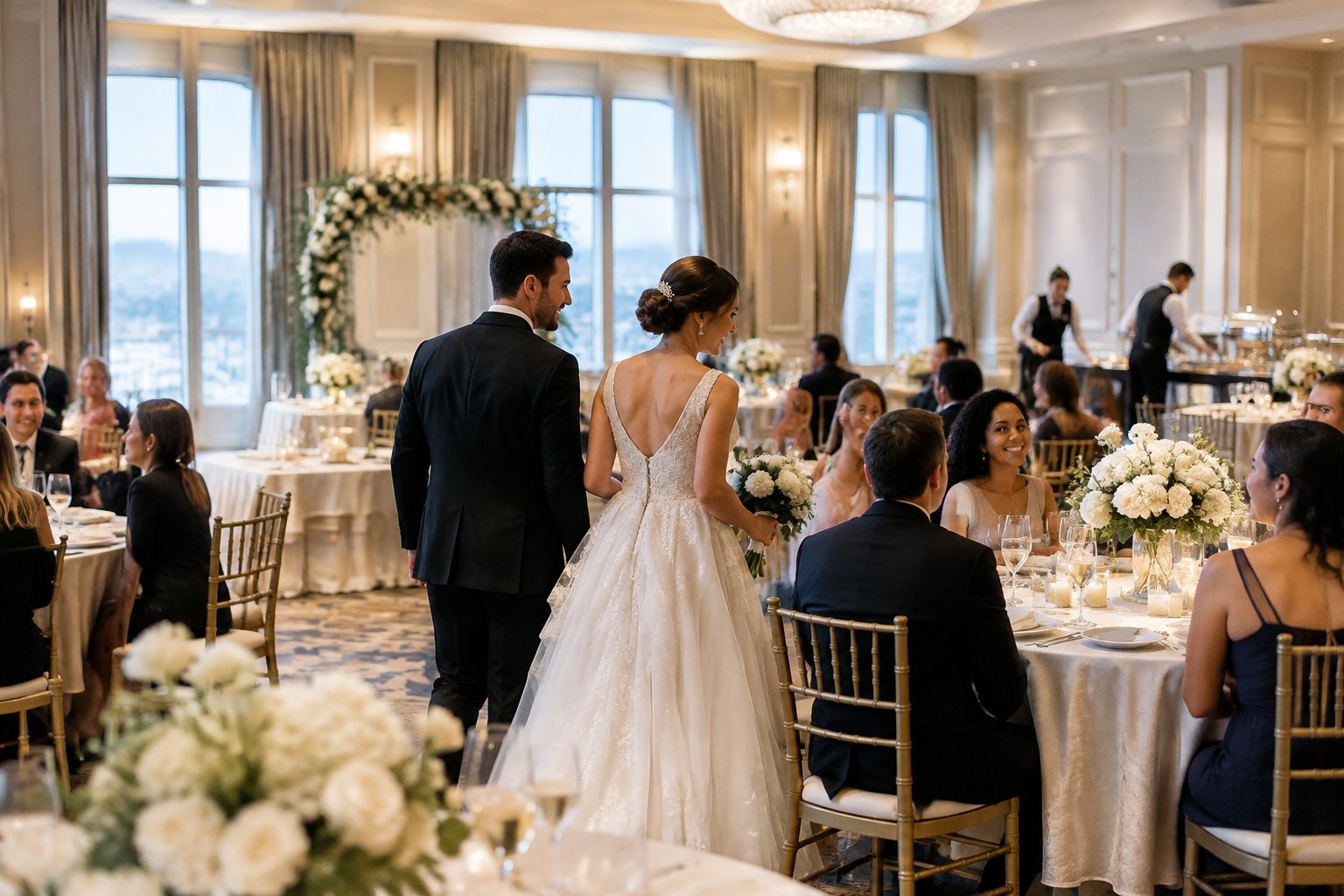 A bride and groom celebrate with guests in an elegant hotel ballroom prepared for a wedding.