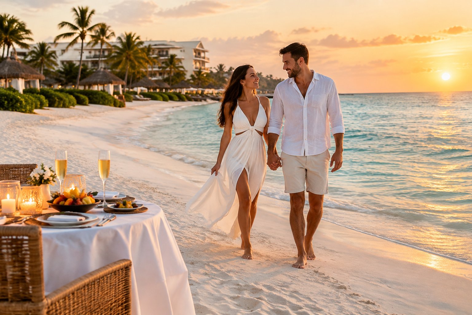 A newlywed couple walks along a Cancun beach near a luxurious resort and a romantic dinner table.