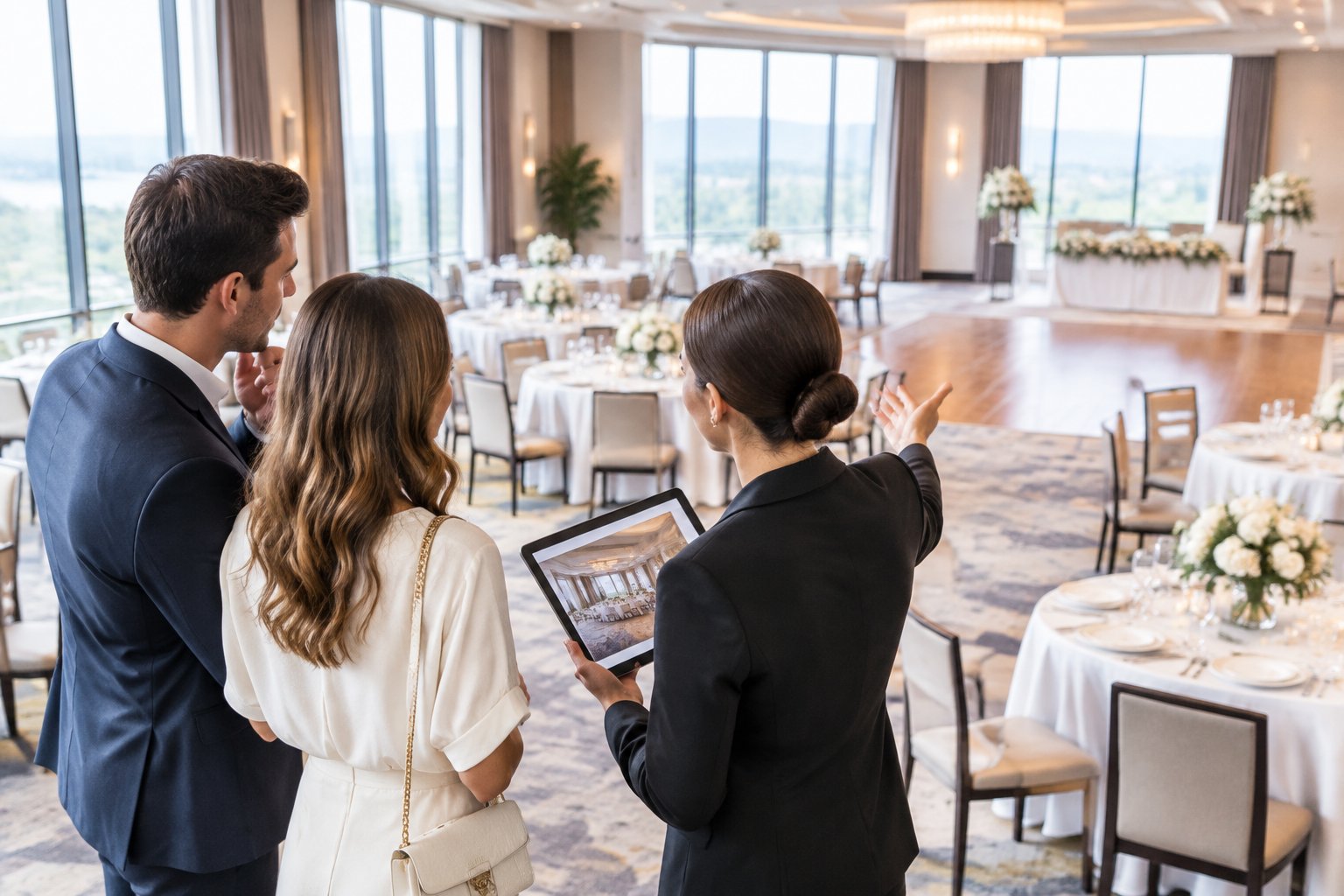 An engaged couple discusses a hotel wedding venue with an events coordinator in an elegant reception room.