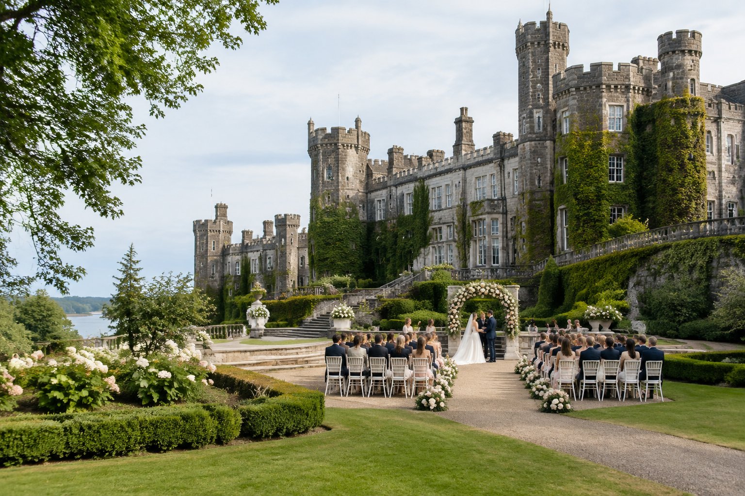 An elegant castle wedding venue in Dublin with manicured gardens, outdoor ceremony seating, and wedding guests.