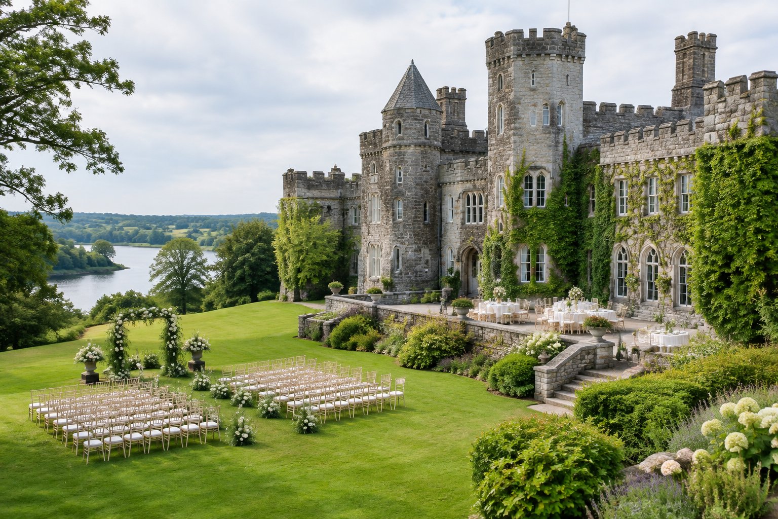 A historic stone castle surrounded by gardens with an elegant outdoor wedding ceremony setup.