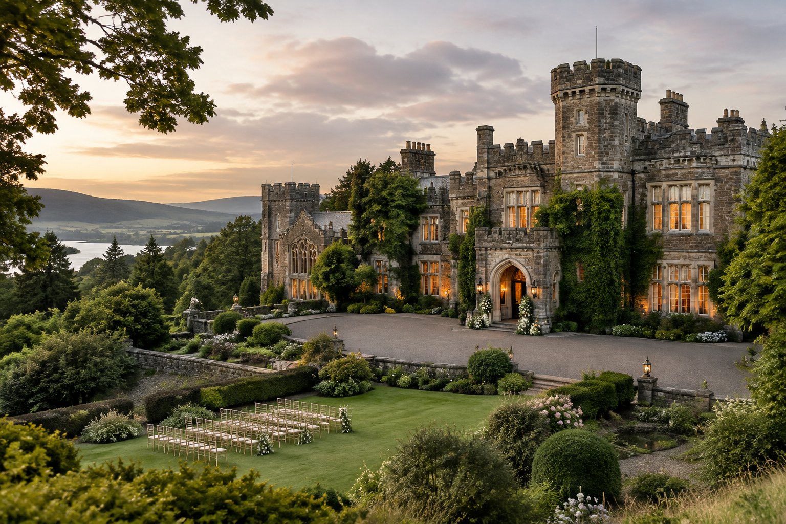 Historic Irish castle wedding venue surrounded by gardens and rolling countryside.