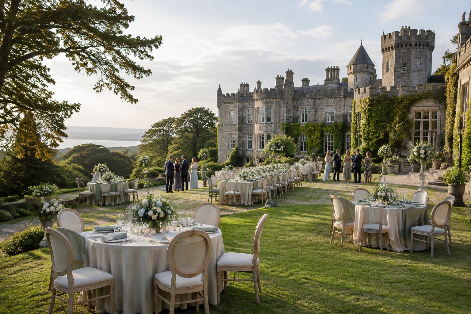 An elegant castle wedding venue in Dublin with outdoor reception tables on landscaped grounds.