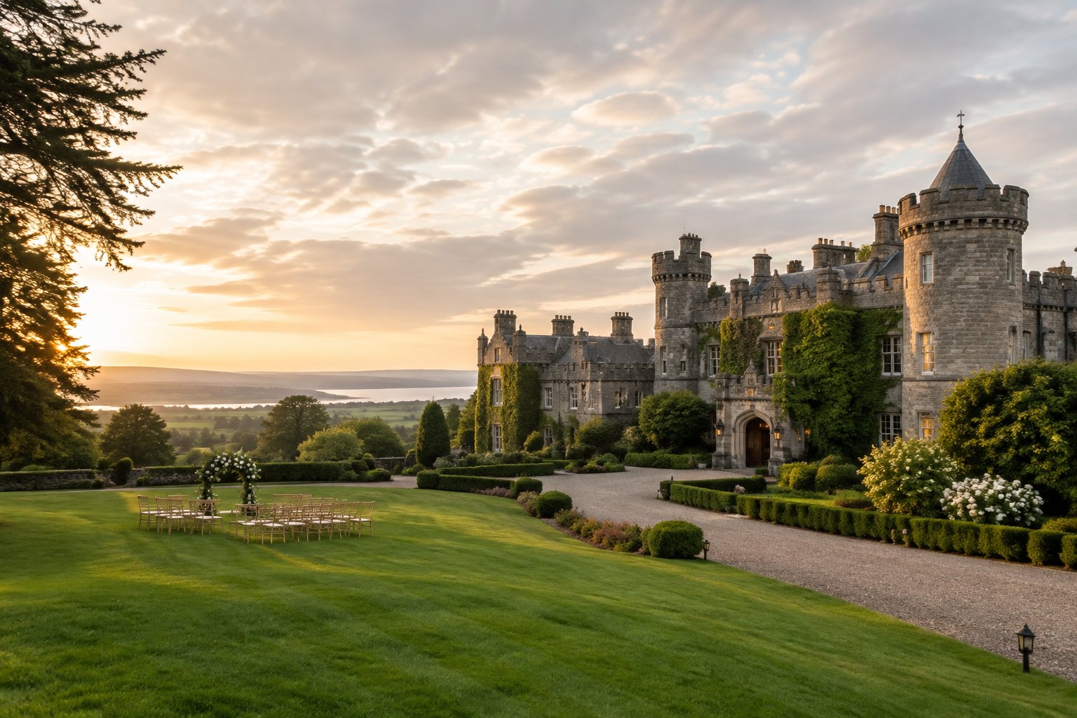 Historic castle wedding venue surrounded by green gardens and countryside near Dublin.
