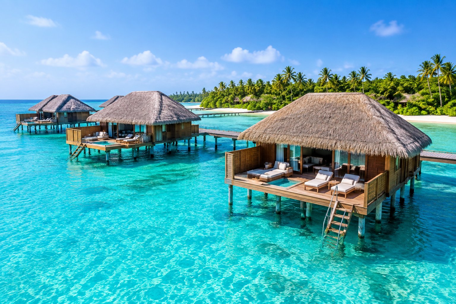 Overwater bungalow hotels connected by a wooden boardwalk above a clear turquoise Caribbean lagoon.