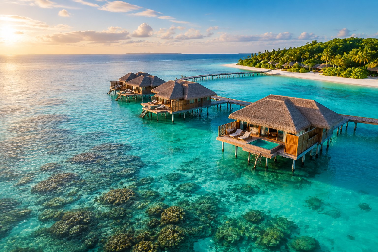 Overwater bungalows stretch above clear turquoise Caribbean water beside a lush tropical island.