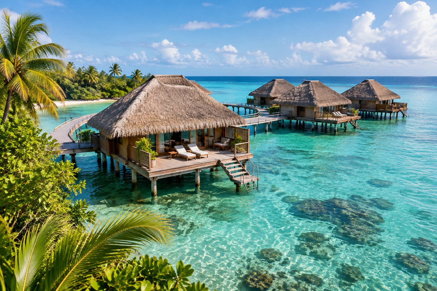 Overwater bungalows connected by a wooden walkway above clear turquoise Caribbean water.