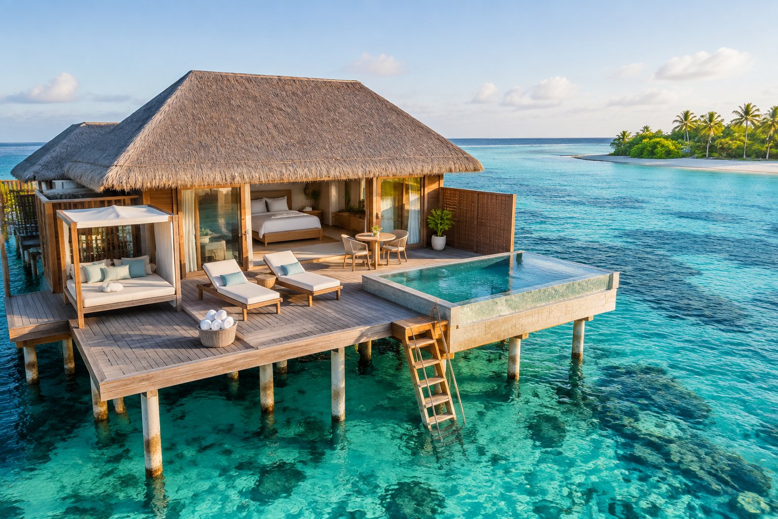 A luxurious overwater villa with a furnished deck above clear turquoise Caribbean water.