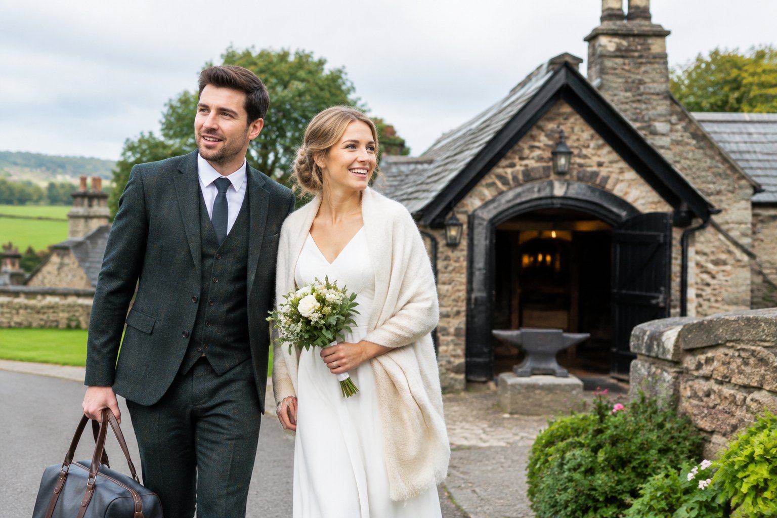 A couple in wedding attire stands outside the historic Gretna Green marriage venue in Scotland.