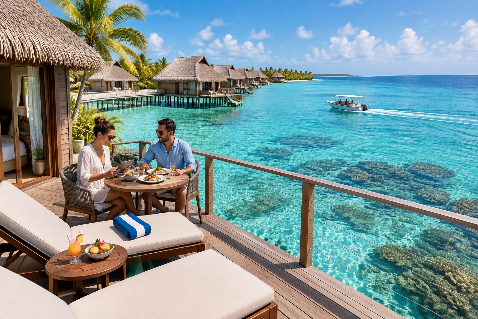 A couple relaxes on a deck overlooking Caribbean overwater bungalows, tropical water, and resort activities.