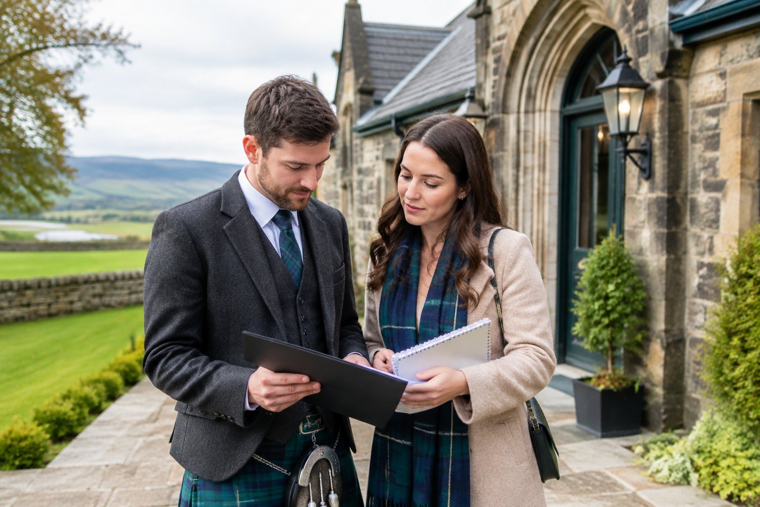 A couple reviews wedding paperwork outside a historic Scottish wedding venue.