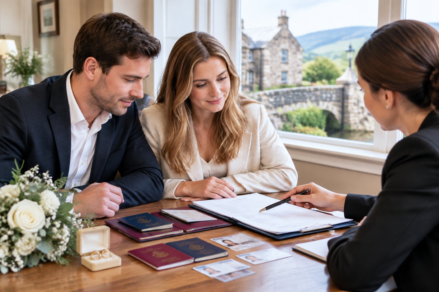 A couple reviews wedding documents with an advisor at a table in a Scottish setting.