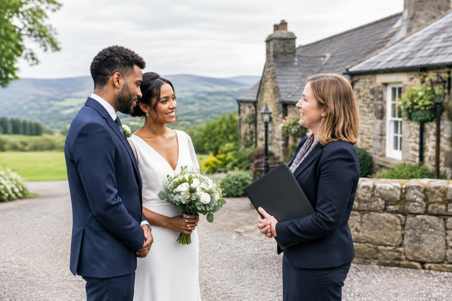 A couple in wedding attire consults a celebrant outside a historic Scottish wedding venue.