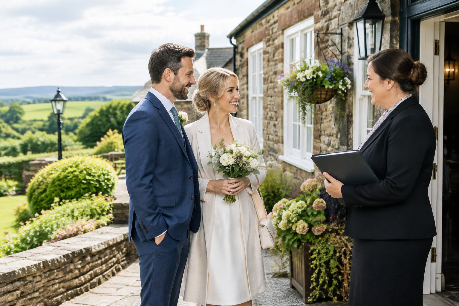 A couple is greeted by a coordinator outside a historic wedding venue in the green Scottish countryside.