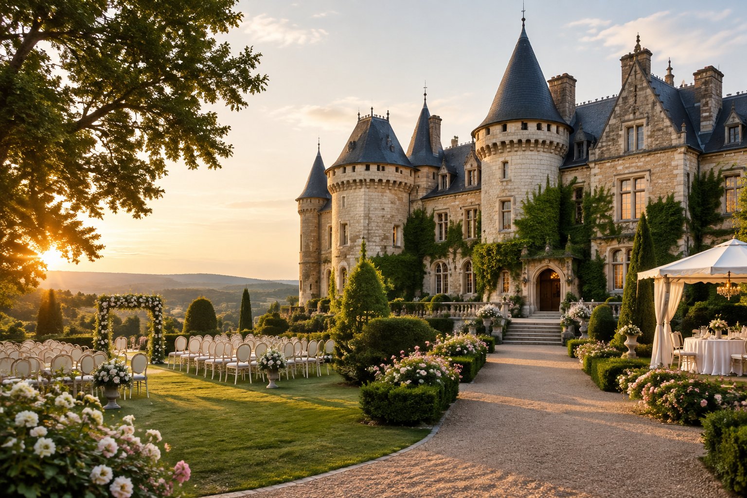 A historic European castle surrounded by gardens and a softly decorated outdoor wedding setting.
