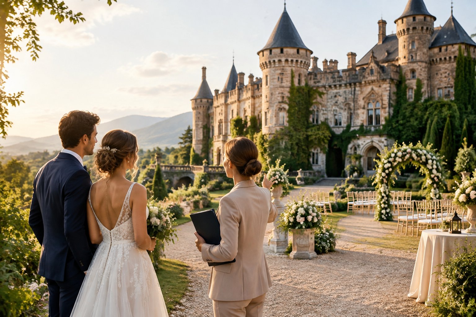 A couple and wedding planner inspect a castle garden wedding venue with the historic castle in the background.