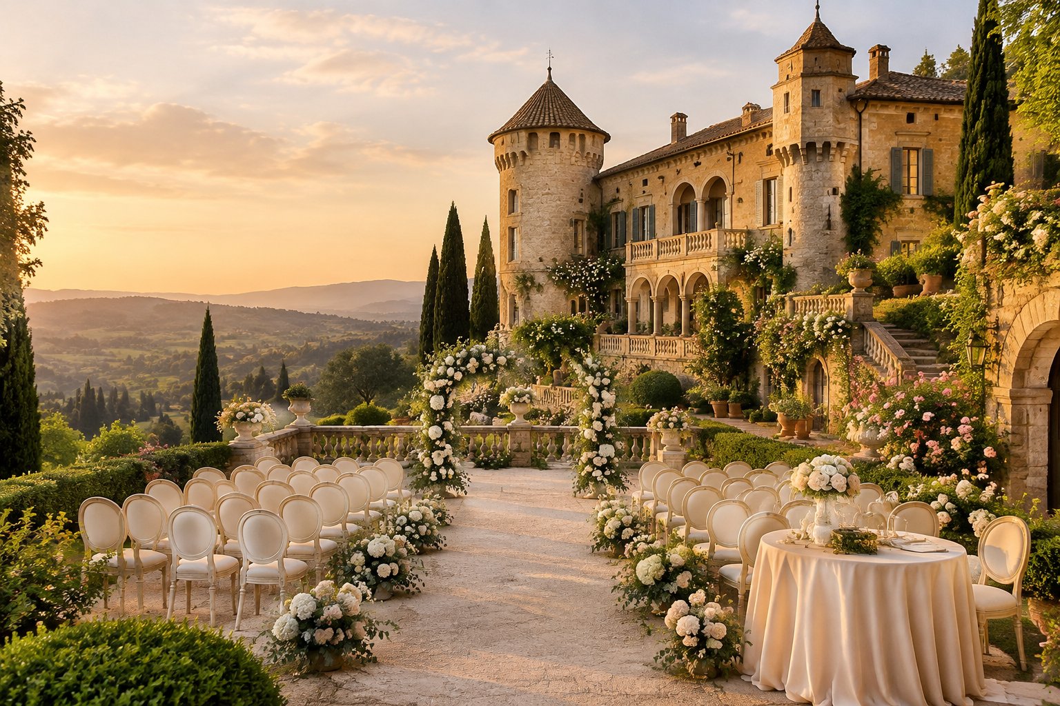 A historic European castle with elegant gardens prepared for an outdoor wedding.