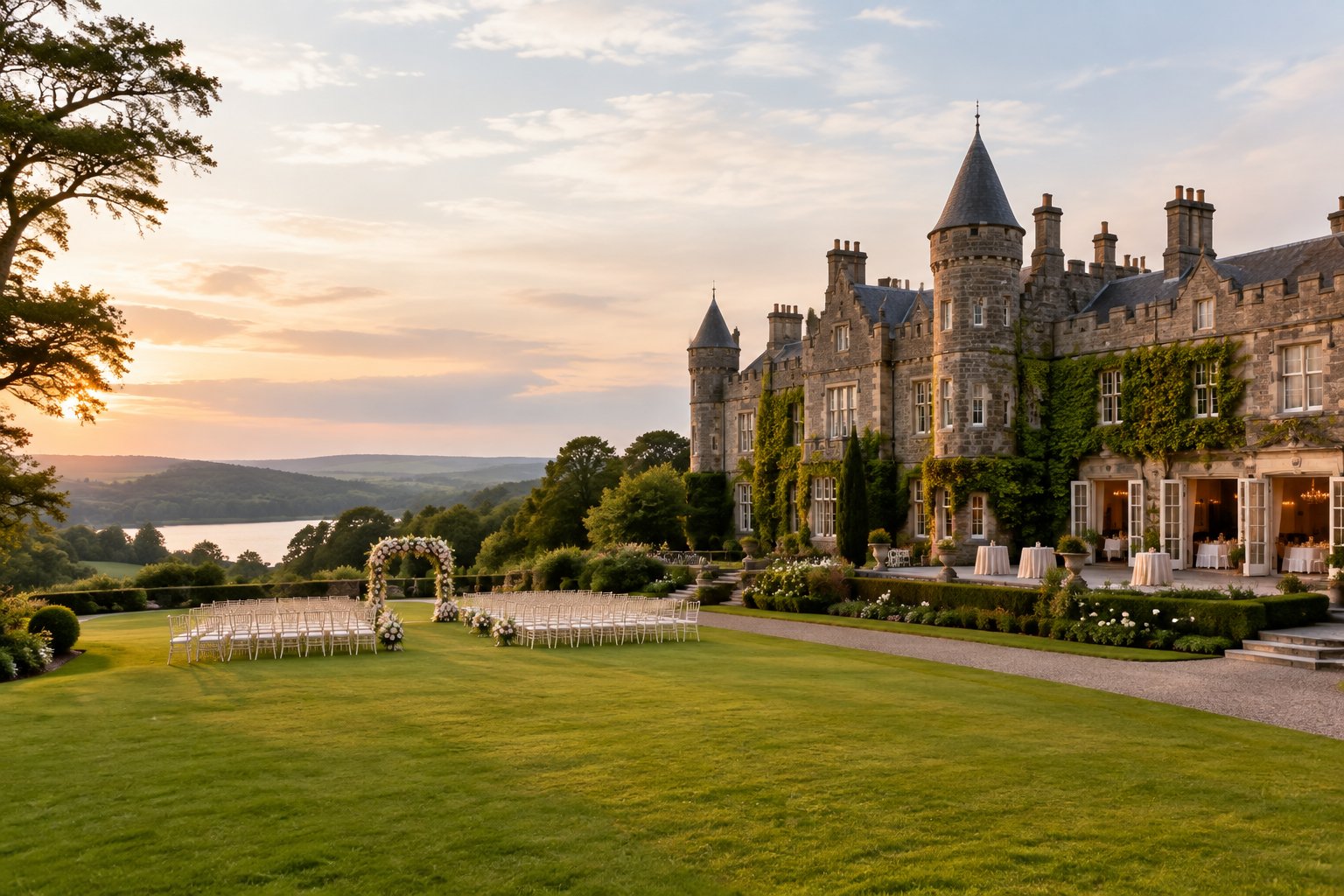A grand historic castle surrounded by gardens and countryside, with an elegant outdoor wedding ceremony setup on the lawn.