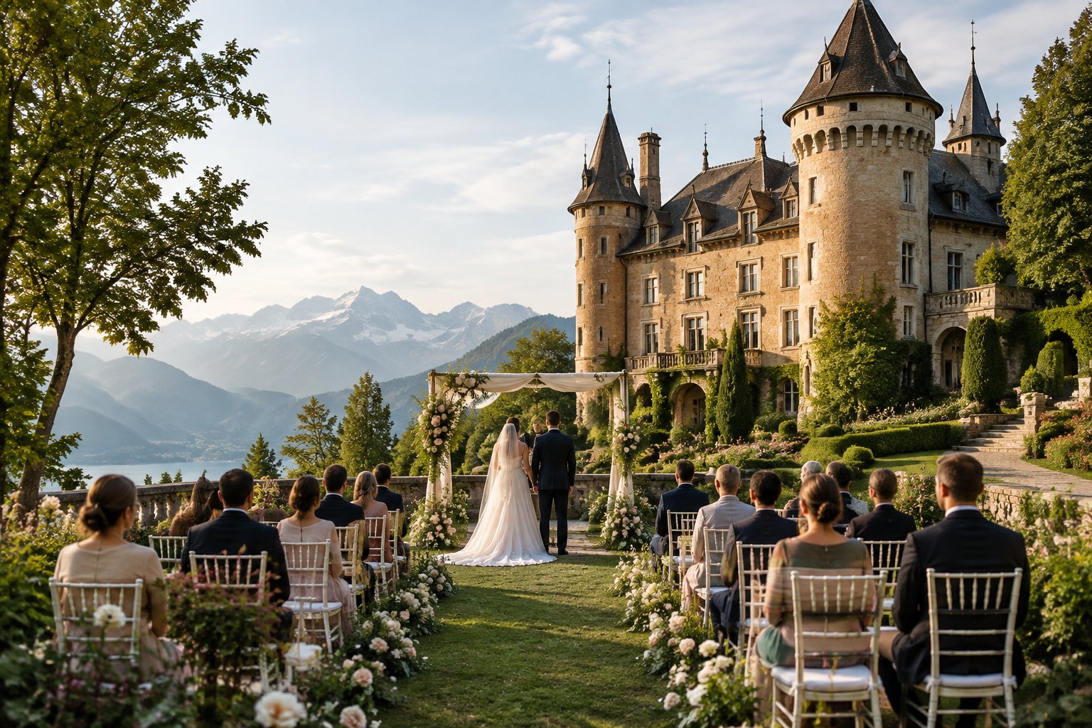 An outdoor wedding ceremony in the gardens of a historic European castle with mountains in the distance.