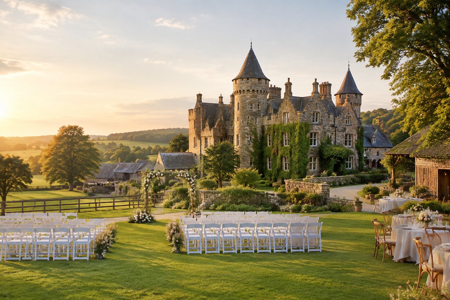 A historic castle surrounded by green farmland with an outdoor wedding ceremony setup on the lawn.
