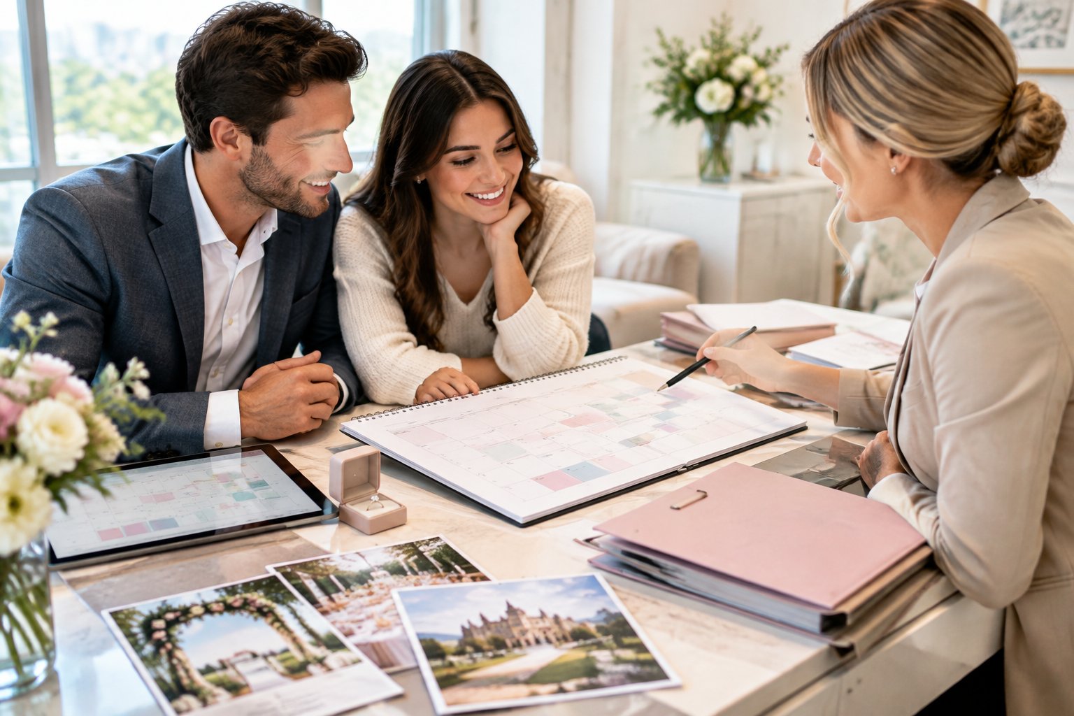 An engaged couple meets with a wedding planner to review a long-term wedding calendar.