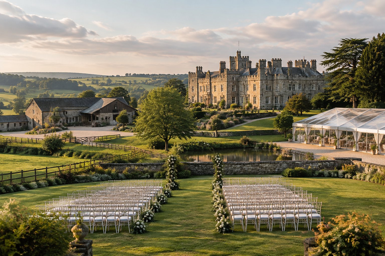 A historic castle beside a picturesque farm estate prepared for an outdoor wedding.