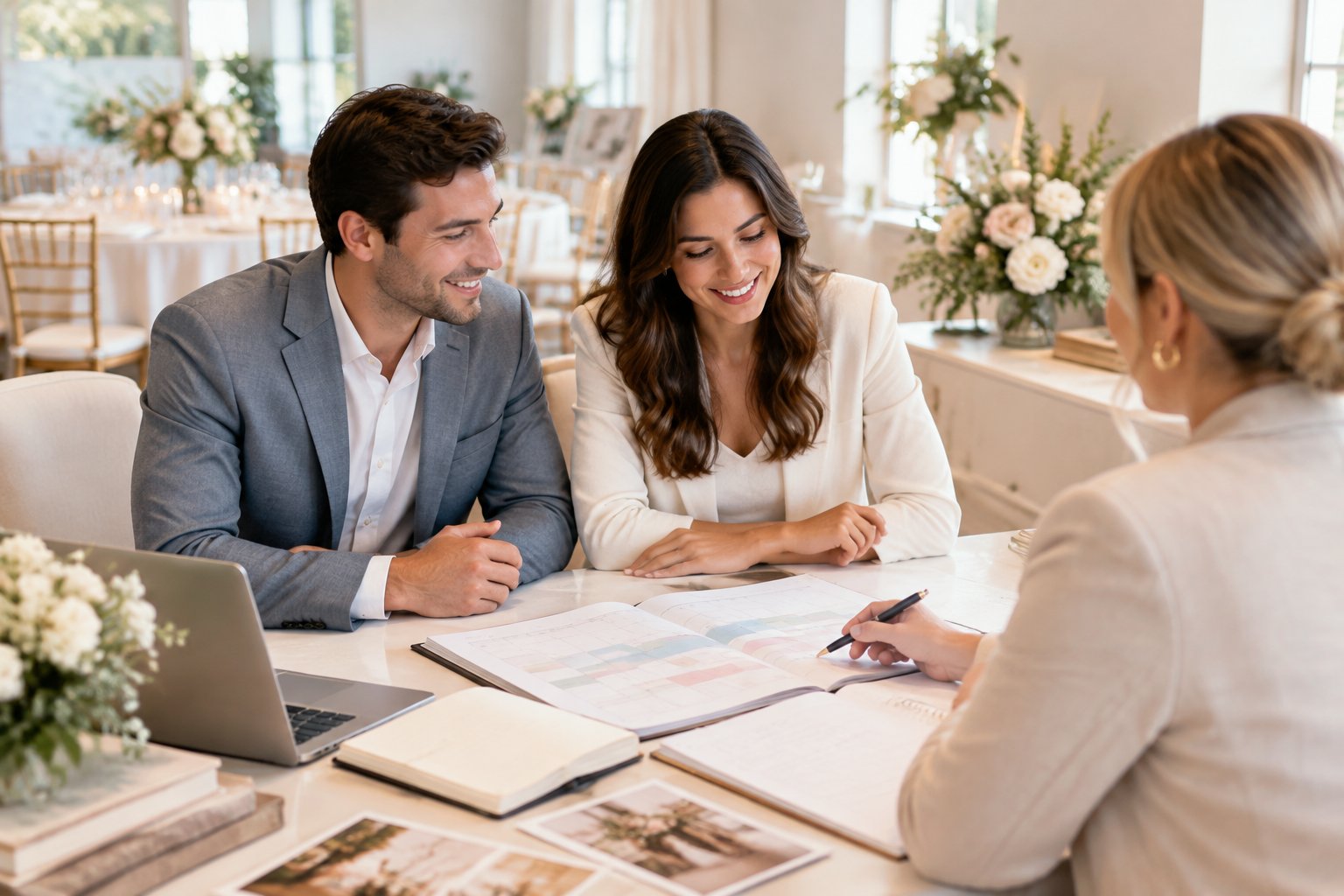An engaged couple meets with a wedding planner to review a long-term wedding timeline.