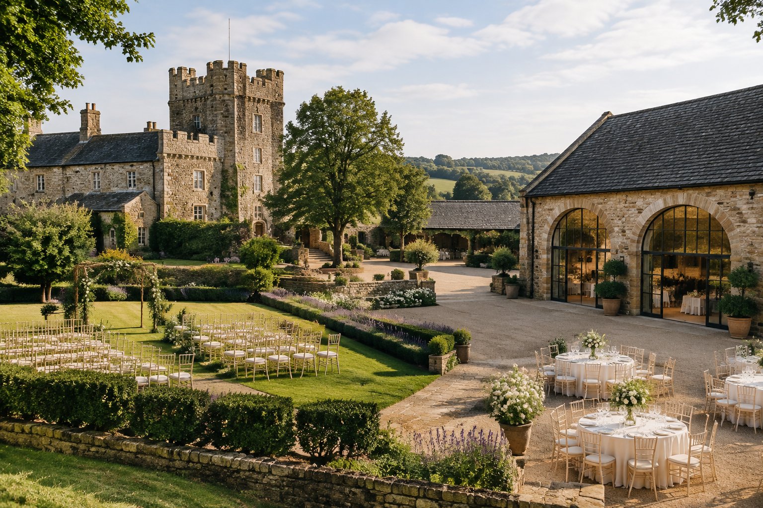 A historic castle farm wedding venue with a garden ceremony area, reception hall, and decorated courtyard.