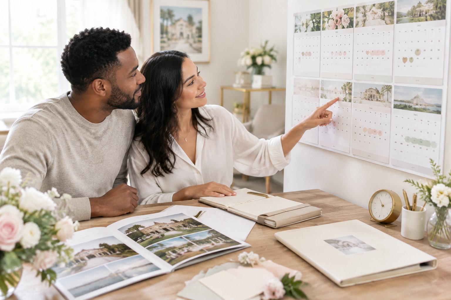 A couple reviews a long-term wedding planning calendar together at an elegant desk.