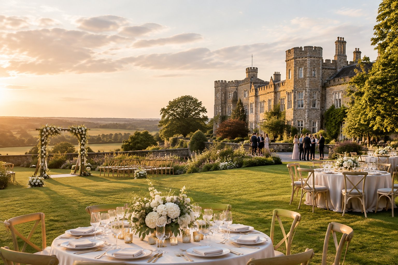 A historic castle farm venue with manicured gardens and an elegant outdoor wedding reception setup.