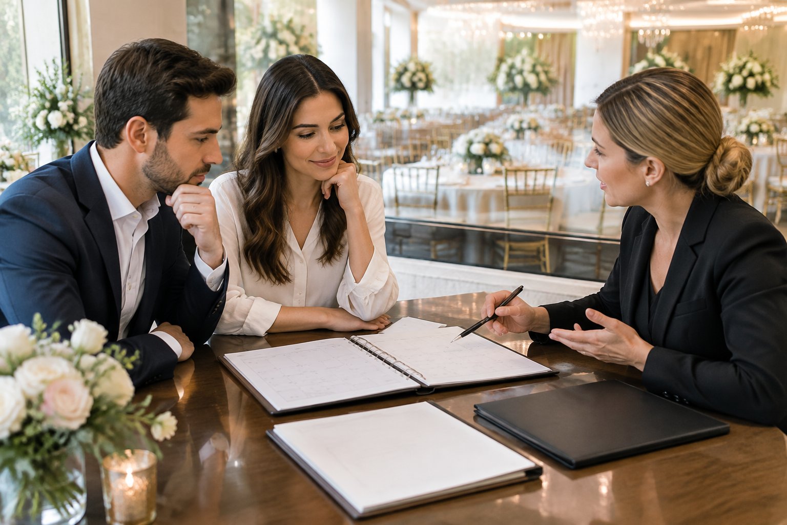 A couple reviews a future wedding venue contract and calendar with a venue coordinator.