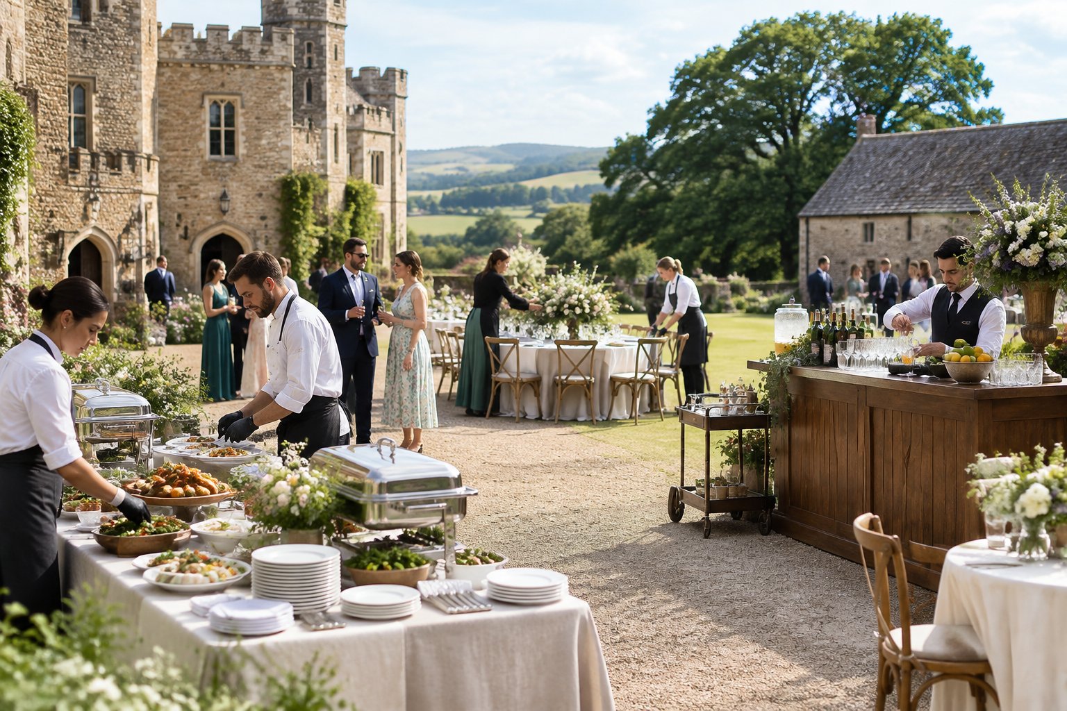 Wedding staff coordinate catering, bar service, and decorations at a castle farm reception.