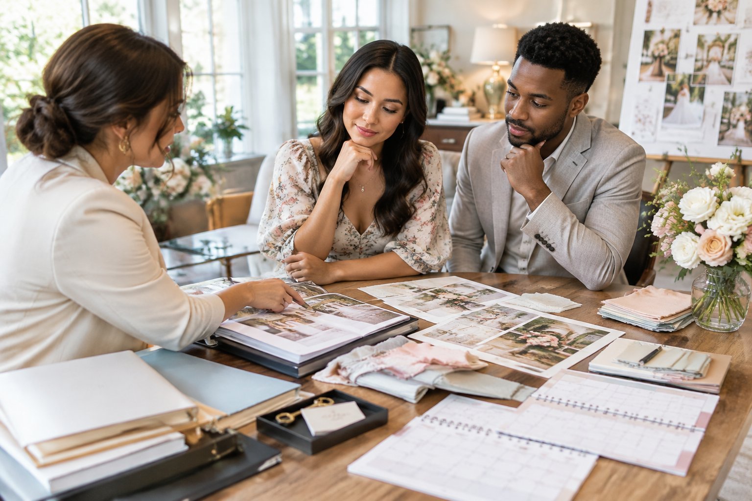 An engaged couple meets with a wedding planner to review long-term wedding plans at a table covered with planning materials.