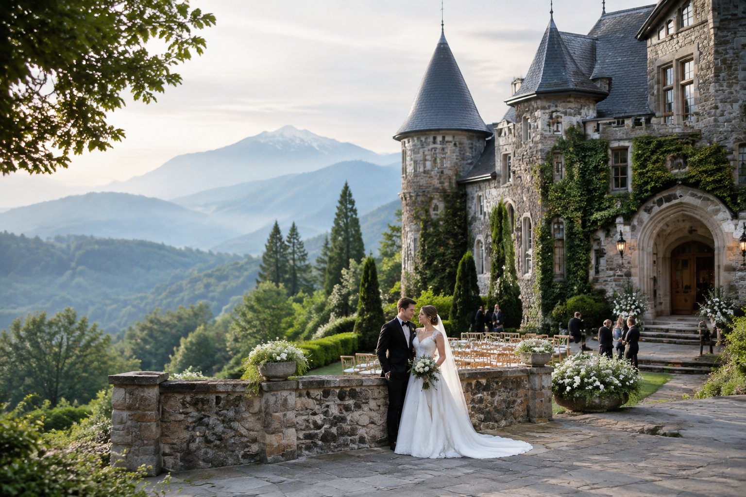 A newlywed couple stands outside a castle-style wedding venue with the Smoky Mountains in the background.