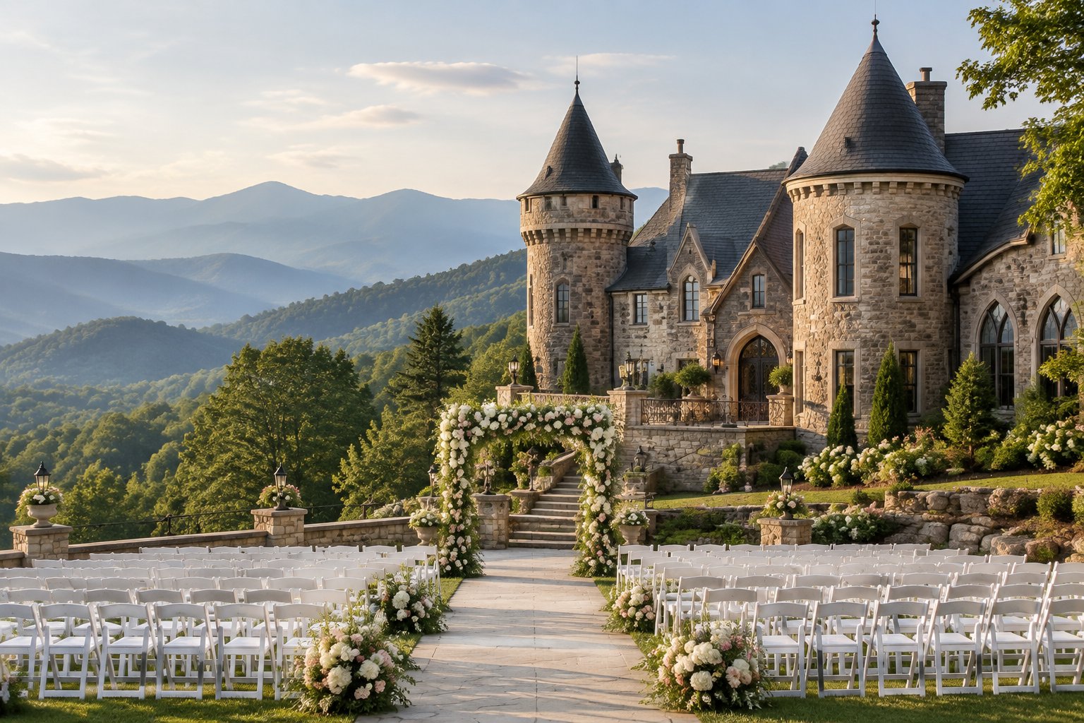 A stone castle-style wedding venue with a floral ceremony arch and white chairs set against the Smoky Mountains.