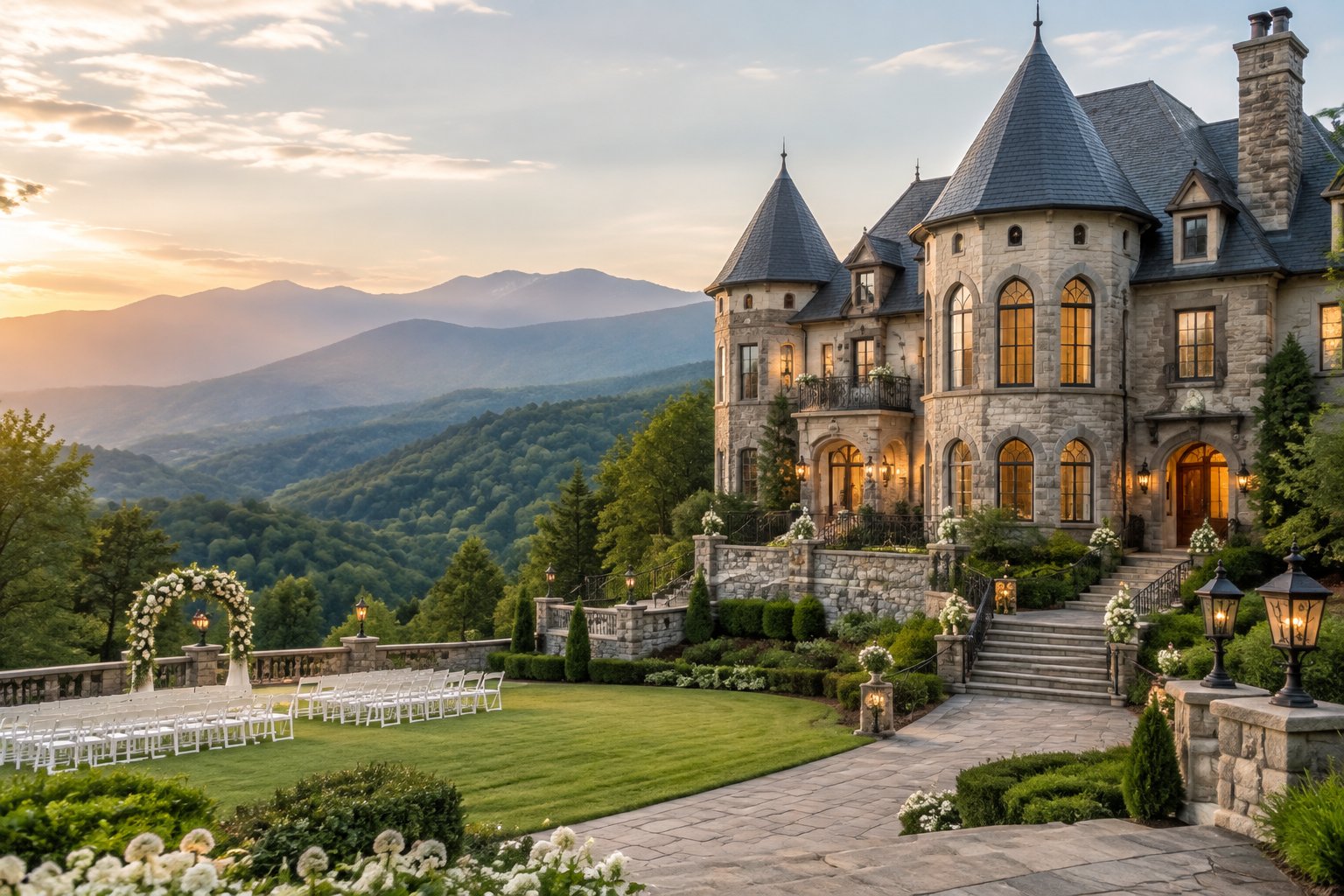 A grand stone castle wedding venue surrounded by gardens and the forested Smoky Mountains.