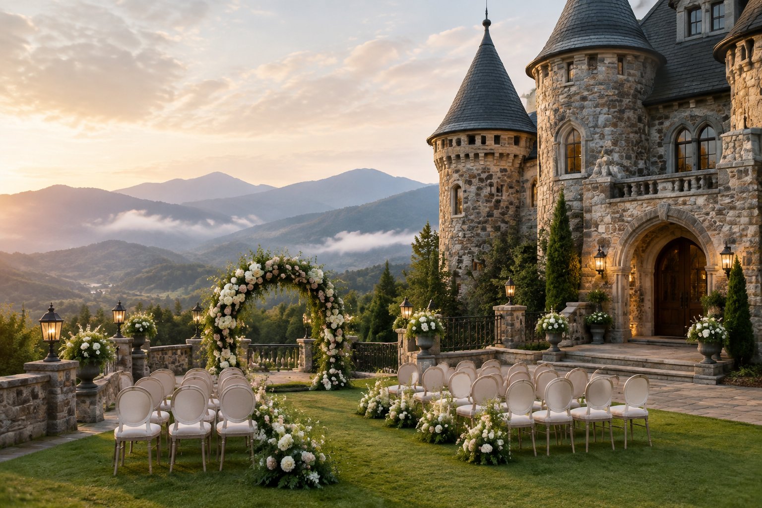 A stone castle wedding venue with a decorated outdoor ceremony area and mountains in the background.