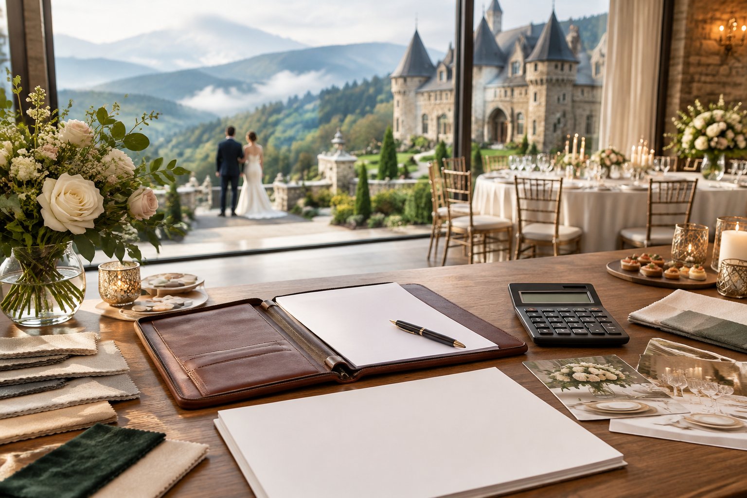 Wedding budget planning materials arranged inside a castle-style venue overlooking the Smoky Mountains.