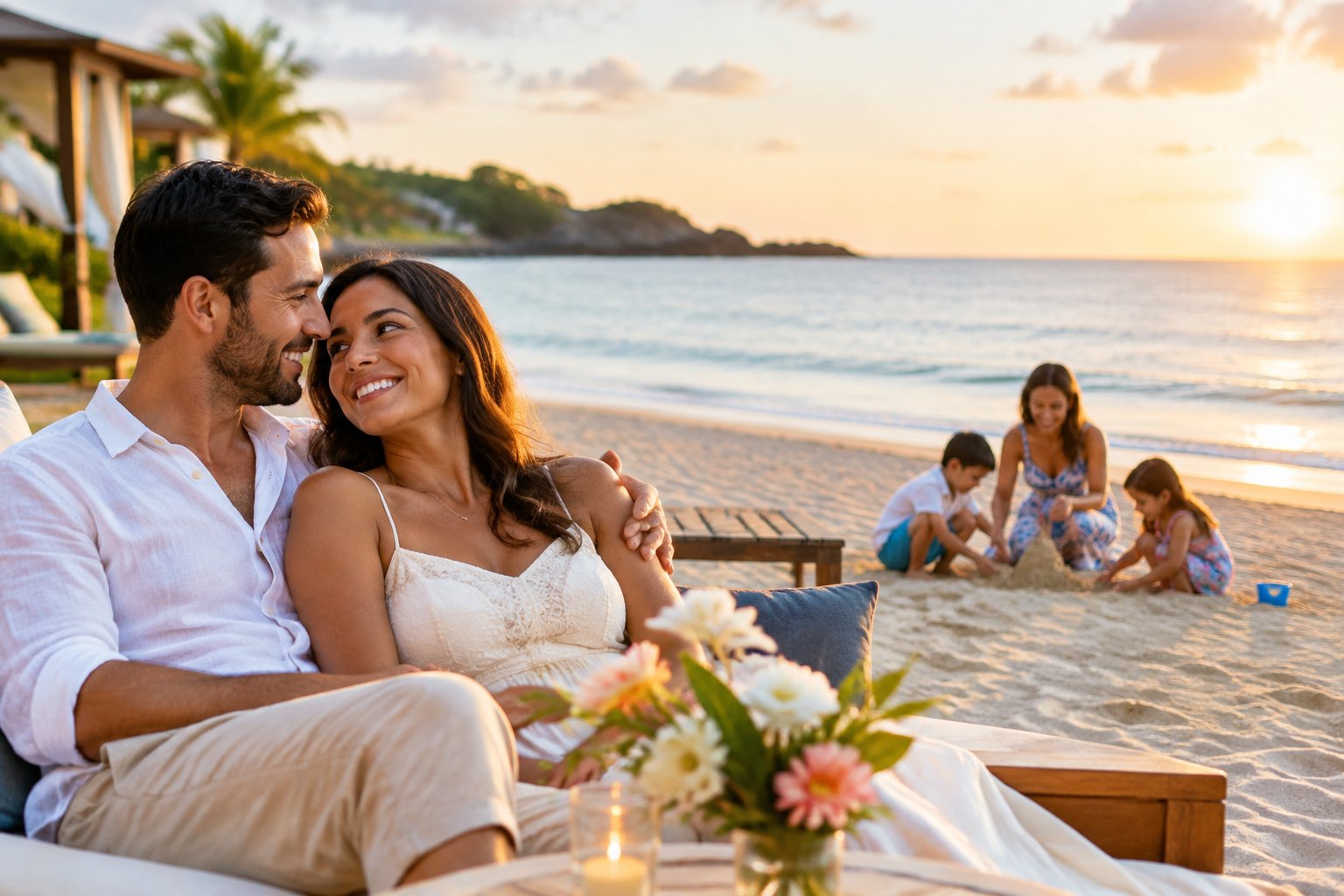 A newlywed couple relaxes together at a seaside resort while their children play nearby under supervision.