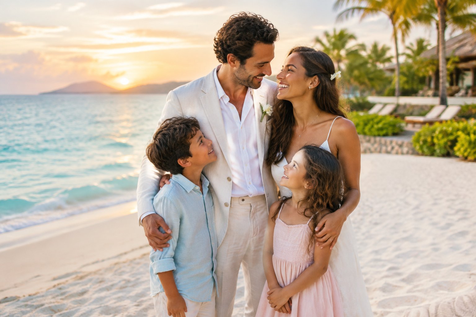 A newlywed couple enjoys a beach vacation with their two children at a seaside resort.