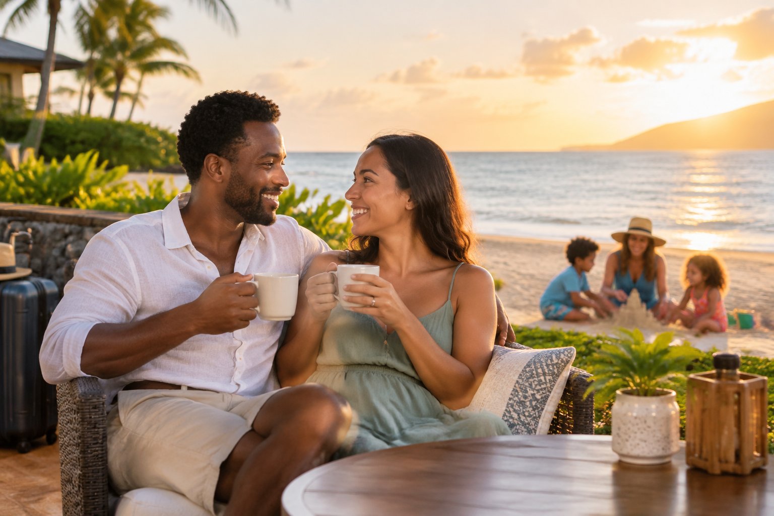 A couple shares a quiet romantic moment at a scenic resort while their children play nearby.