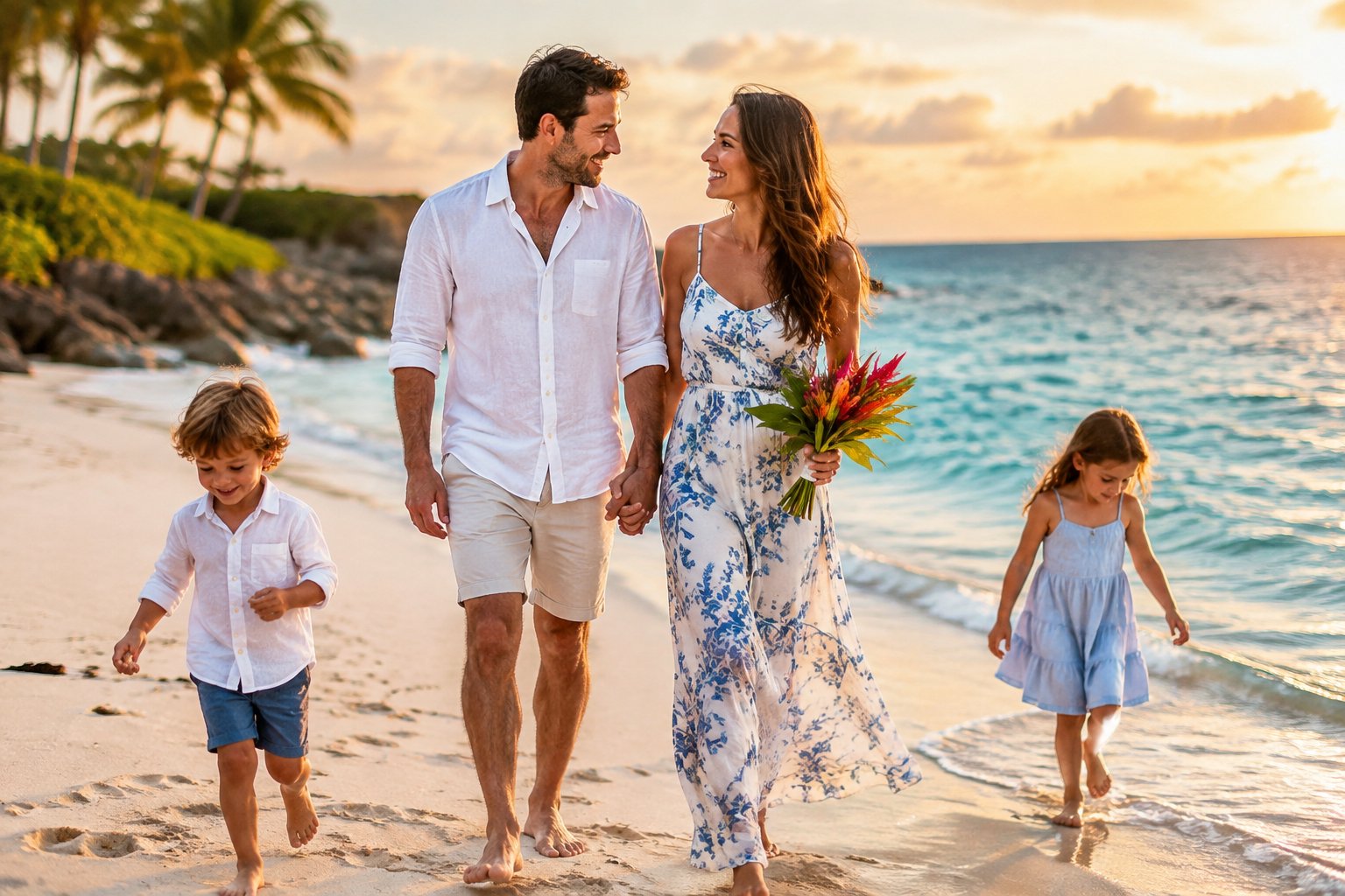 A married couple enjoys a tropical beach vacation with their children.