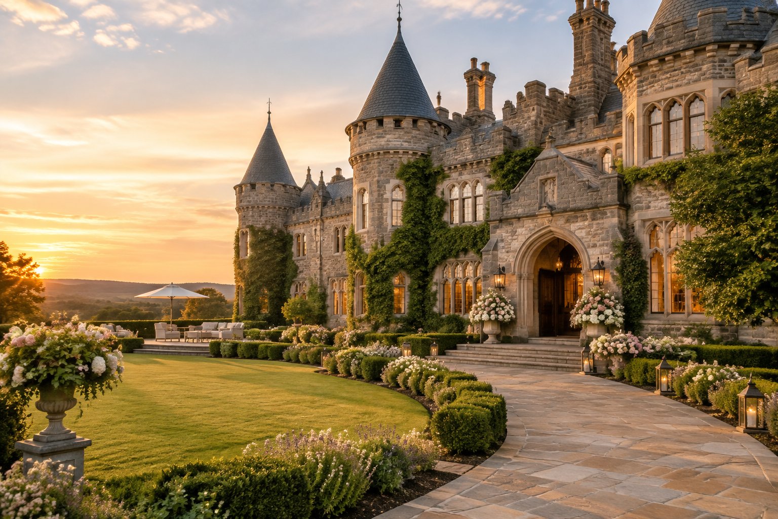 A grand castle-like wedding venue surrounded by manicured gardens and flowers.