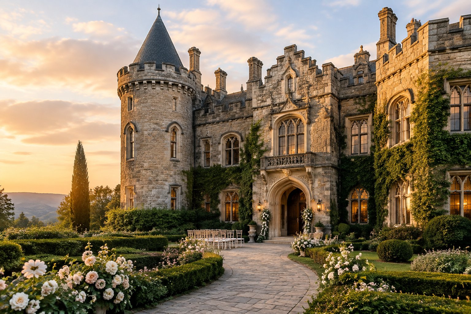 A grand ivy-covered stone castle venue surrounded by gardens and a wedding ceremony setup.